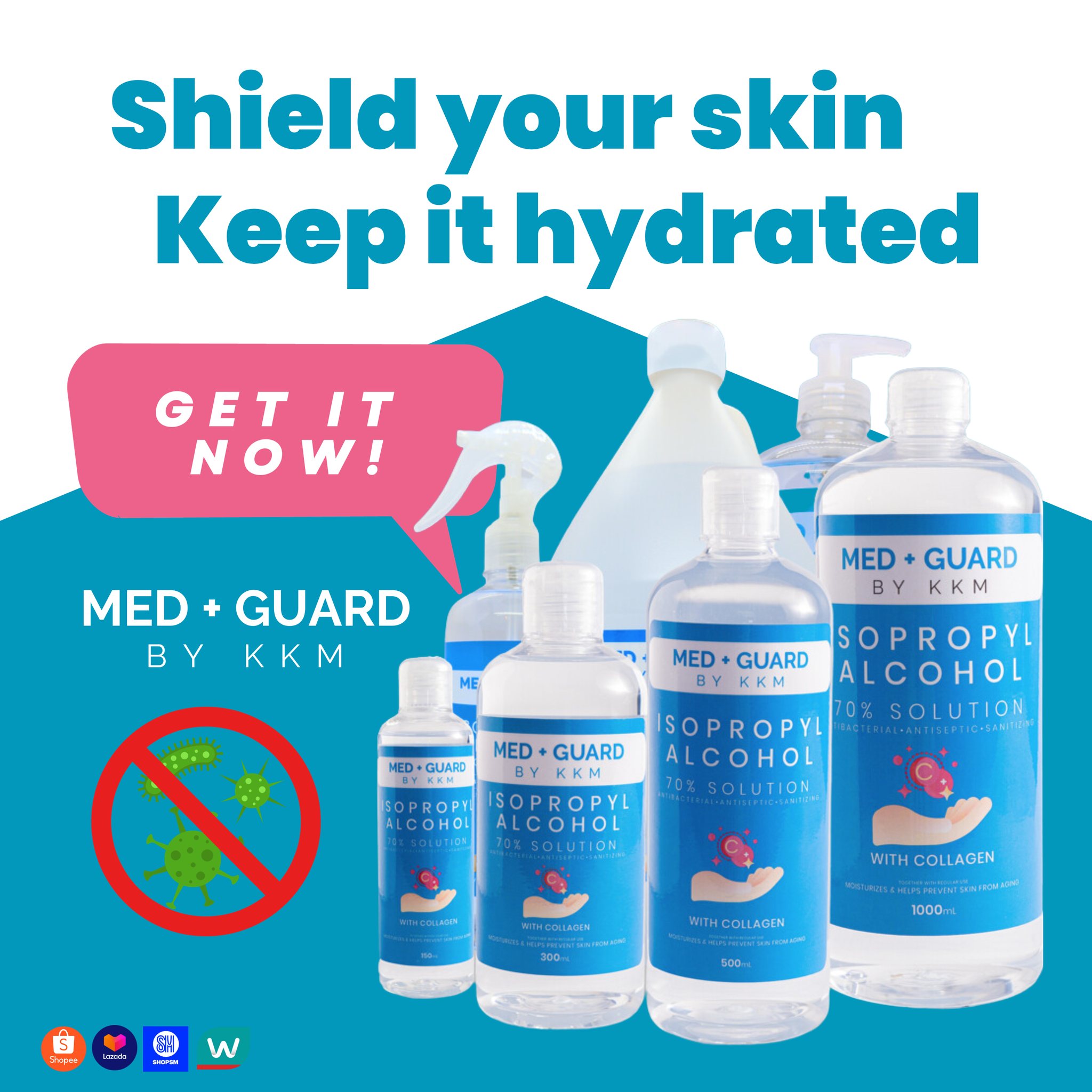 Med + Guard by KKM Isopropyl Alcohol 70% Solution with Moisturizer and Collagen 500 mL